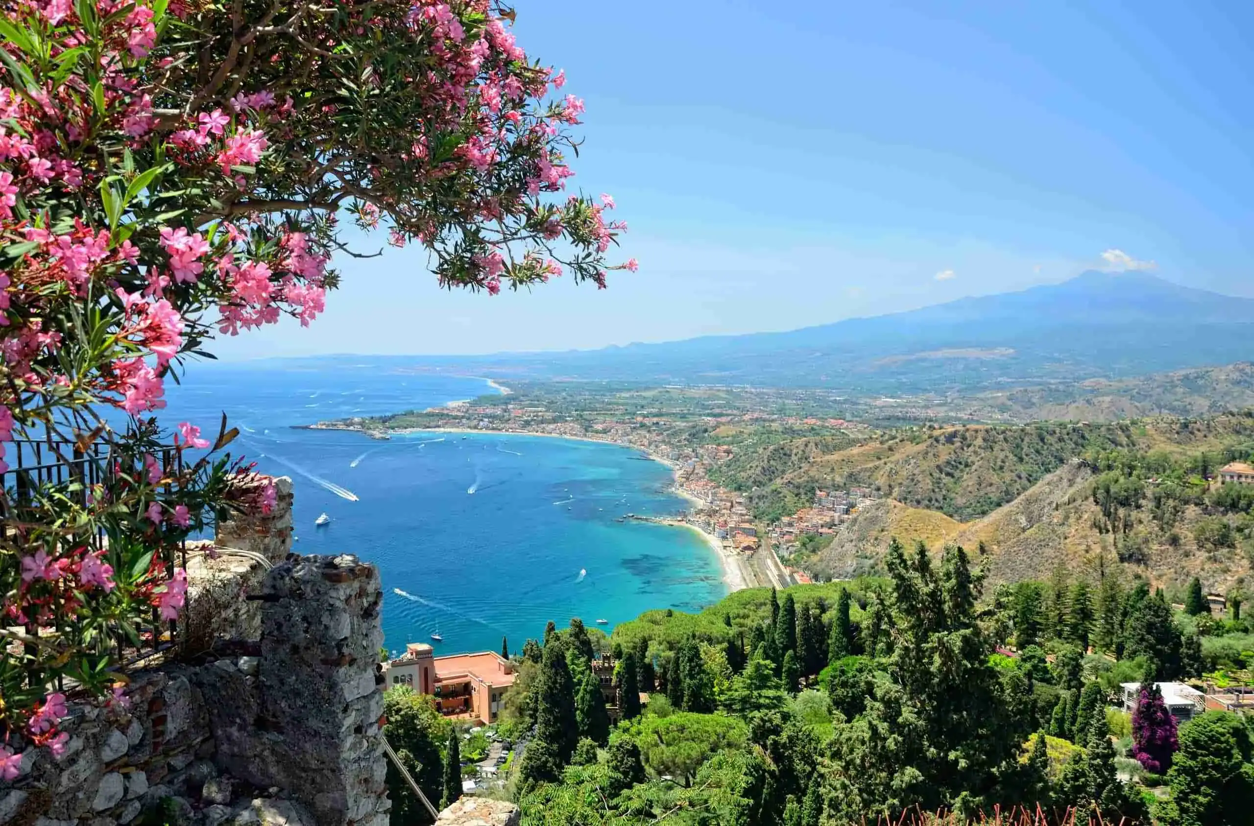 The coast of Taormina and the bay of Giardini Naxos seen from above, with pink oleander and Mount Etna in the distance